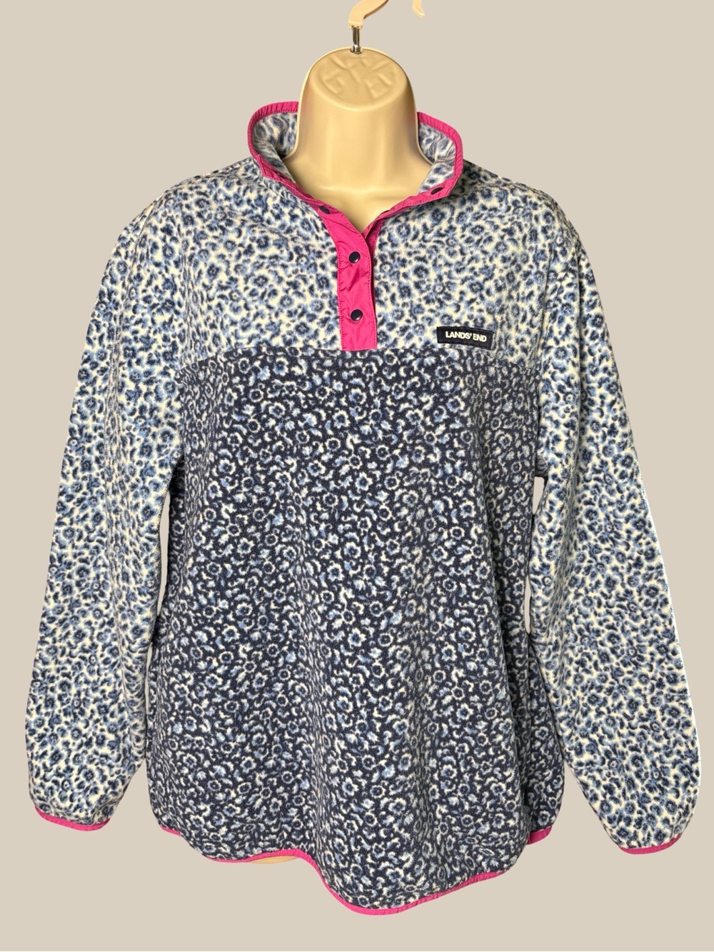Lands' End Heritage Fleece Snap Neck Pullover Deep Sea Navy Pink Floral SZ L